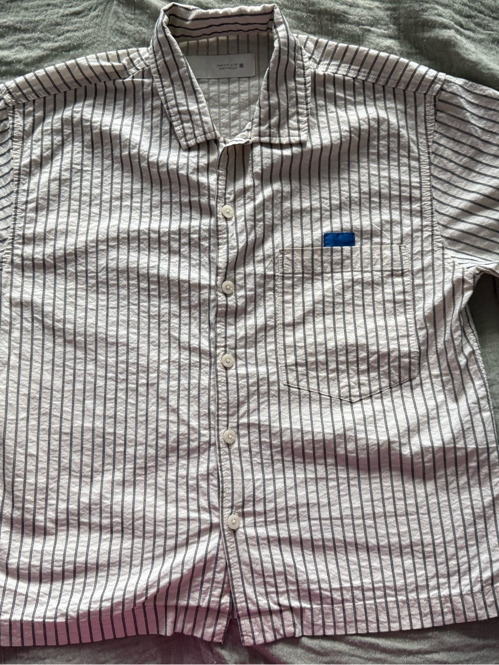 Zara Men's White Shirt with Thin Black Stripes and Blue Pocket Accent